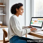 Home 21 생산성 향상에 기여하는 앱 추천 - A modern digital workspace scene showing a diverse young professional woman sitting at a sleek desk ...