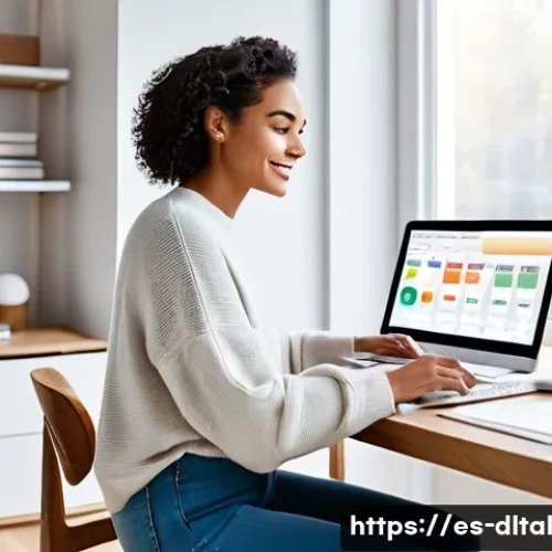 Home 33 생산성 향상에 기여하는 앱 추천 - A modern digital workspace scene showing a diverse young professional woman sitting at a sleek desk ...