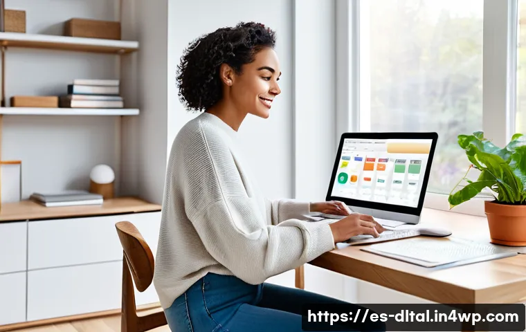 생산성 향상에 기여하는 앱 추천 - A modern digital workspace scene showing a diverse young professional woman sitting at a sleek desk ...