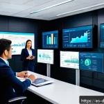 Home 20 디지털 도구 활용을 통한 고객 관리 개선 - A modern digital marketing control room filled with large interactive dashboards displaying real-tim...