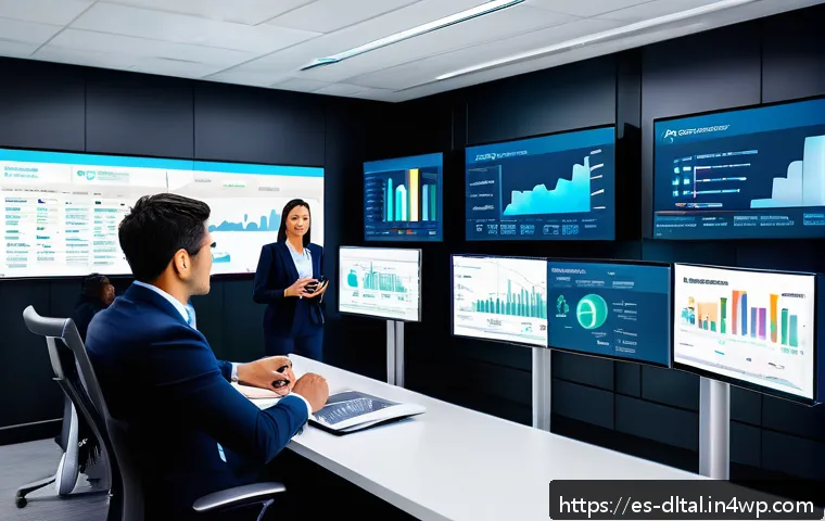 디지털 도구 활용을 통한 고객 관리 개선 - A modern digital marketing control room filled with large interactive dashboards displaying real-tim...