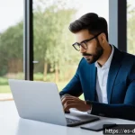 Home 19 개인 생산성을 높이는 필수 앱 목록 - A modern home office scene featuring a young professional using a sleek laptop with a digital planne...