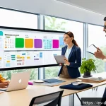 Home 18 디지털 도구를 활용한 프로젝트 관리 전략 - A modern office environment with a diverse team of professionals collaborating around a large digita...