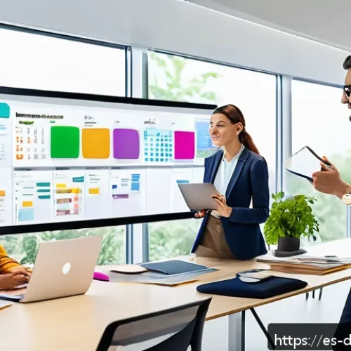 Home 30 디지털 도구를 활용한 프로젝트 관리 전략 - A modern office environment with a diverse team of professionals collaborating around a large digita...