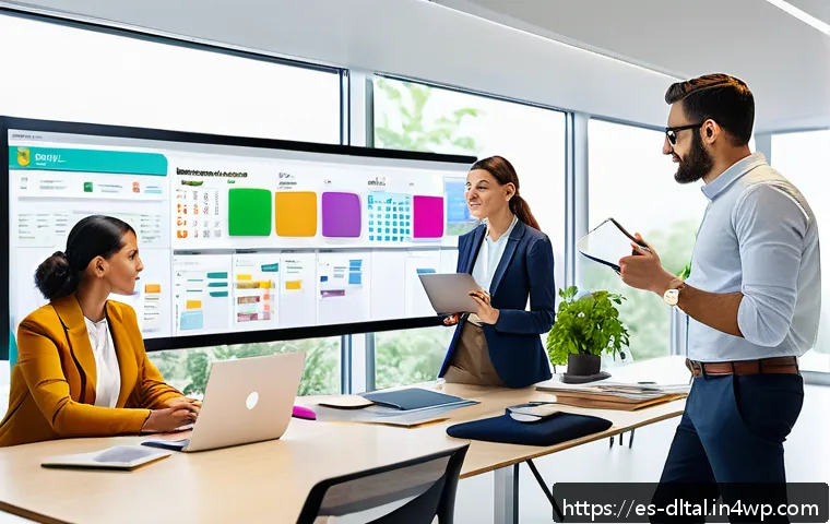 디지털 도구를 활용한 프로젝트 관리 전략 - A modern office environment with a diverse team of professionals collaborating around a large digita...